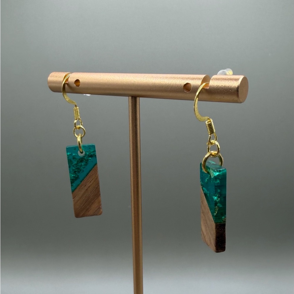 Handmade Teal and Wood Rectangle Drop Earrings - Gold Hooks - Picture 9 of 9